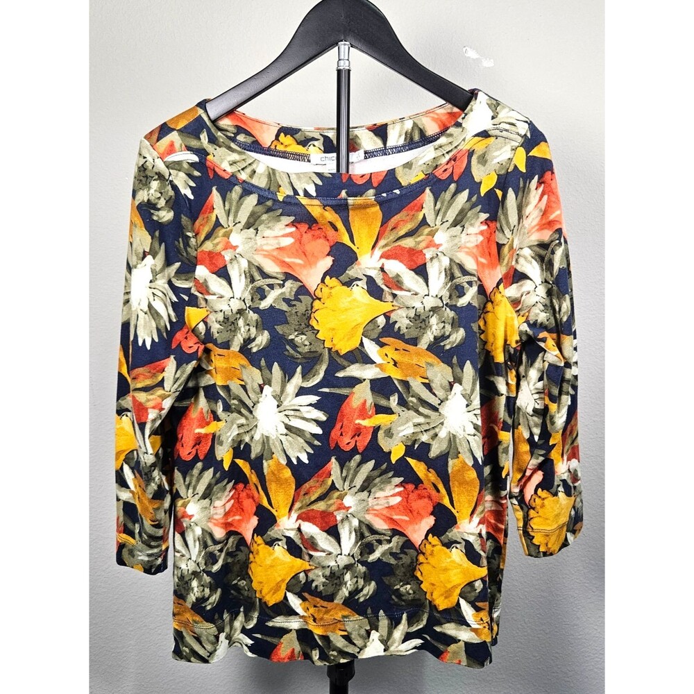 Chico's Size 2 Large Floral Pima Cotton Top Navy Multi 3/4 Sleeve Boat Neck